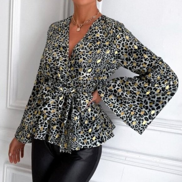 Tops - Leopard & Gold Dot Print Trumpet Sleeve Knotted Pe